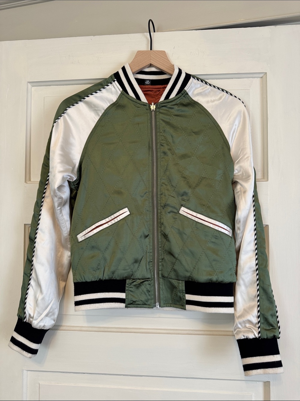 Green and White Satin Bomber Jacket Reversible-Warm Brown